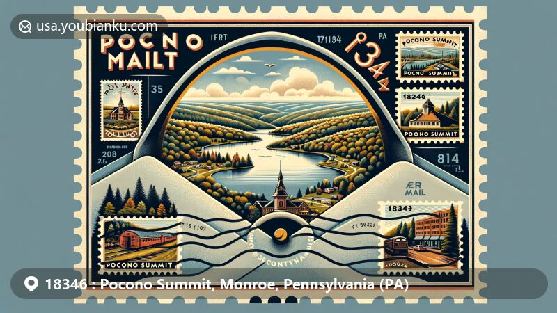 Modern illustration of Pocono Summit, Monroe County, Pennsylvania, featuring a postal theme with landmarks like Pocono Summit Lake and historic Railroad Station, highlighting the area's natural beauty and ZIP Code 18346.