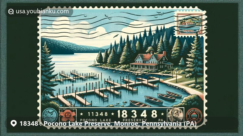 Modern illustration of Pocono Lake Preserve, Monroe, Pennsylvania, featuring scenic view of Pocono Lake with boat slips, highlighting tranquility and natural beauty, integrating elements of vacation retreat, vintage postcard format, and postal elements.