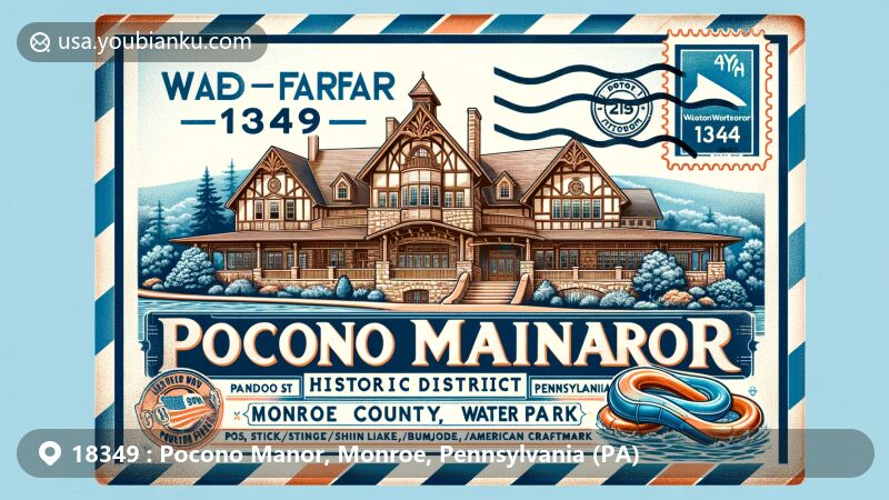 Modern illustration of Pocono Manor Historic District and Kalahari Water Park in Monroe County, Pennsylvania, featuring vintage airmail envelope with ZIP code 18349, showcasing architectural styles and indoor waterpark fun.
