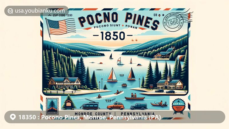 Modern illustration of Pocono Pines, Monroe County, Pennsylvania, combining natural beauty and cultural landmarks, featuring the Pocono Mountains, Mohegan Sun Pocono, and Shawnee Mountain Ski Area.