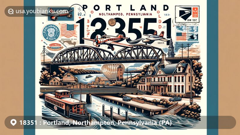 Modern illustration of Portland, Northampton County, Pennsylvania, featuring Delaware River and historic pedestrian bridge connecting Portland to Columbia, New Jersey, embodying cross-state connections and transportation history, with postal elements like airmail envelope, stamps, and postmark with ZIP Code 18351.