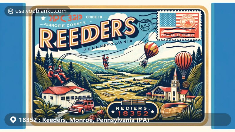 Modern illustration of Reeders, Monroe County, Pennsylvania, featuring lush greenery, Pocono Valley Resort zip-lining, vintage postcard frame, Pennsylvania state flag stamp, and Reeders, PA 18352 postmark.