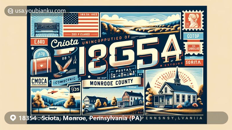 Modern illustration of Sciota area in Monroe County, Pennsylvania, with postal theme highlighting ZIP Code 18354, featuring local landscapes and landmarks, Pennsylvania state flag, and vintage postal motifs.