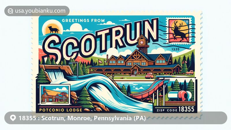 Modern illustration of Scotrun, Pennsylvania, showcasing Great Wolf Lodge Waterpark and Pocono Mountains scenery, featuring 'Greetings from Scotrun, PA 18355' with Pennsylvania state symbol and postal theme.
