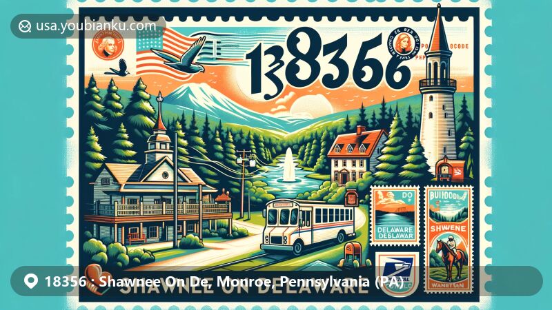 Modern illustration of Shawnee on Delaware, Monroe County, Pennsylvania, showcasing ZIP code 18356, featuring Shawnee Mountain Ski Area, Delaware Water Gap National Recreation Area, and historic landmarks like Buckwood Inn. Incorporating postal themes with vintage postcard layout, Pocono Mountains stamps, and classic postal elements.