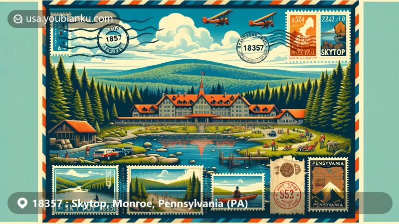 Modern illustration of Skytop area in Monroe County, Pennsylvania, highlighting the iconic Skytop Lodge, Pocono Mountains scenery, and outdoor activities like hiking and kayaking, with a vintage postcard design showcasing Pennsylvania state symbols and local wildlife.