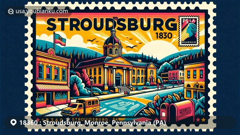 Vibrant illustration of Stroudsburg, Monroe County, Pennsylvania, in the heart of the Pocono Mountains, combining regional landmarks like Monroe County Courthouse and Sherman Theater with postal elements for a distinctive design.
