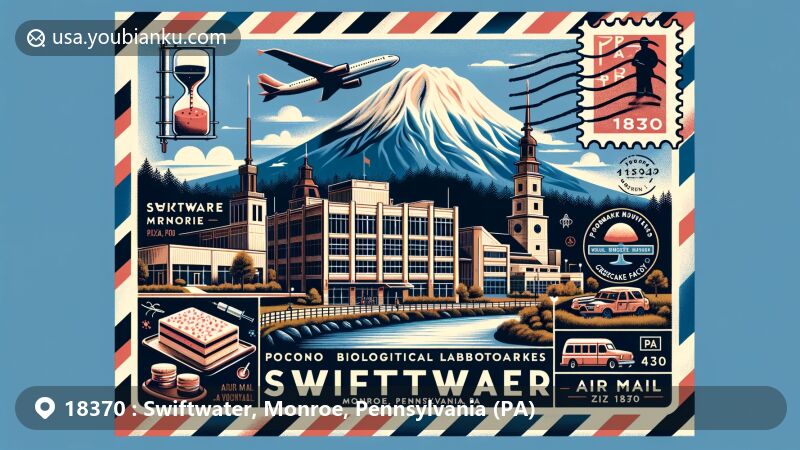 Modern illustration of Swiftwater, Monroe, Pennsylvania (PA), ZIP code 18370, resembling a postcard or air mail envelope, featuring Pocono Biological Laboratories, Camelback Mountain, and Pocono Cheesecake Factory.