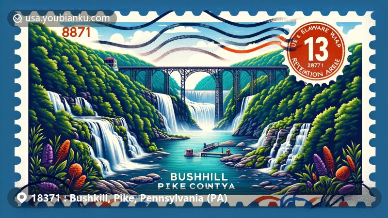 Modern illustration of Bushkill, Pike County, Pennsylvania, capturing the essence of ZIP code 18371 with lush forests, waterfalls of Delaware Water Gap National Recreation Area, and iconic landmarks like Bushkill Falls, Roebling's Delaware Aqueduct, and postal elements.