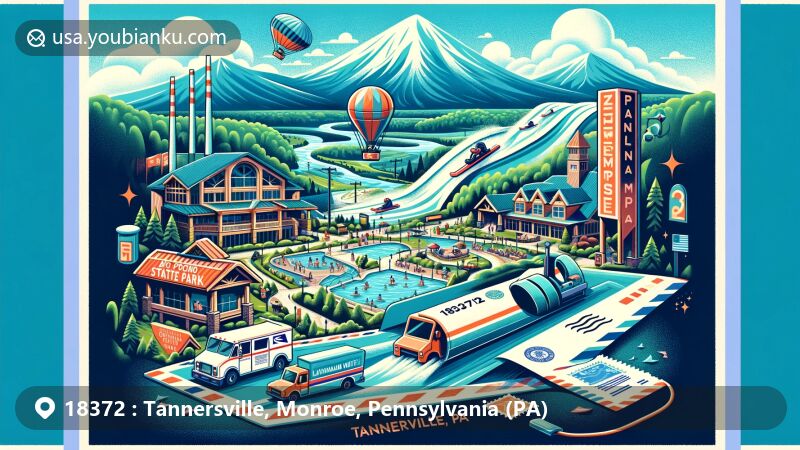 Modern illustration of Tannersville, Pennsylvania, showcasing postal theme with ZIP code 18372, featuring Camelback Mountain Resort, Pocono Mountains, and Big Pocono State Park.