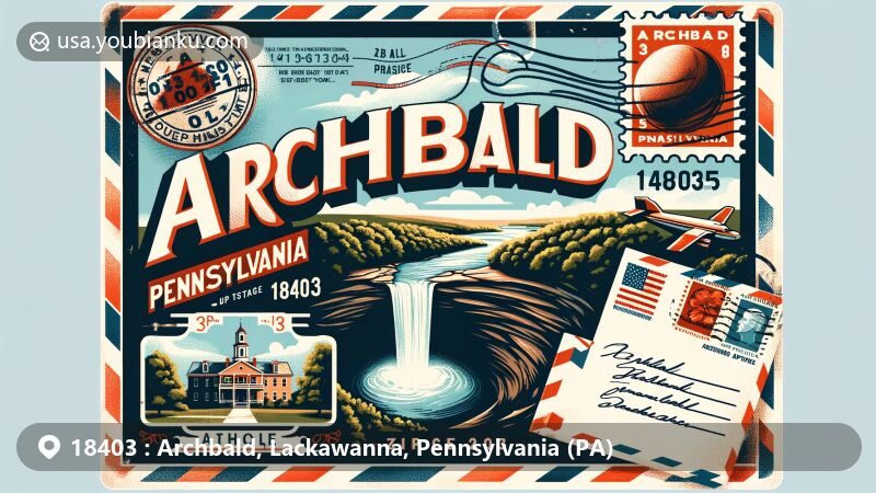 Modern illustration of Archbald, Pennsylvania, showcasing Archbald Pothole State Park, with a vintage postcard design incorporating postal elements and highlighting ZIP code 18403.