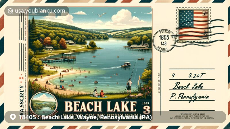 Modern illustration of Beach Lake, Wayne County, Pennsylvania, capturing community life with fishing and boating on a serene lake, showcasing friendly atmosphere. Includes parks, local amenities, and postal elements with ZIP code 18405, American flag motif.