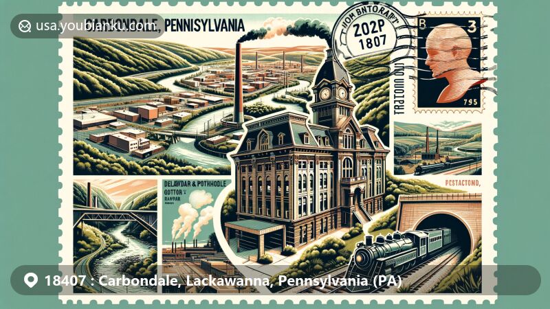 Modern illustration of Carbondale, Pennsylvania, showcasing historical and cultural elements with scenic landscape along Scenic Route 6 and iconic landmarks like City Hall and Delaware and Hudson Gravity Railroad.