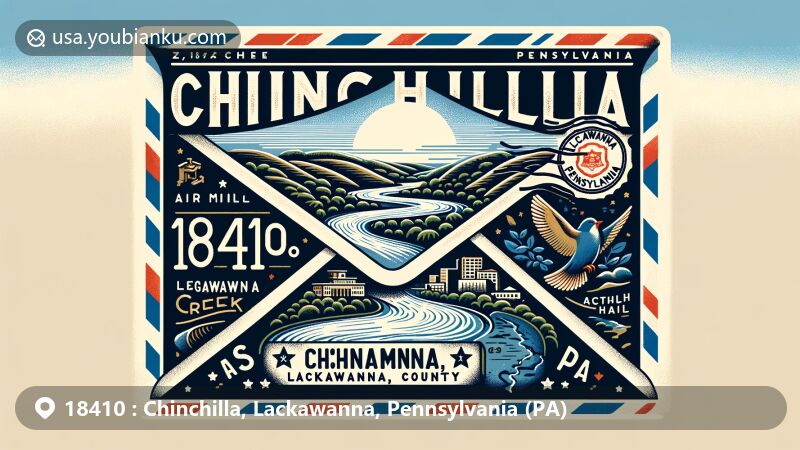 Modern illustration of Chinchilla, Lackawanna County, Pennsylvania, featuring vintage airmail envelope with Leggetts Creek and Lackawanna River, integrating geographic and cultural elements, including ZIP code 18410 and Pennsylvania State Flag.