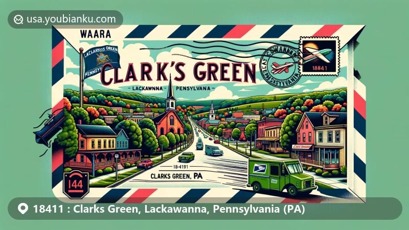 Modern illustration of Clarks Green, Lackawanna County, Pennsylvania, capturing local charms and postal heritage, featuring vibrant colors and landscapes of Northeastern Pennsylvania.