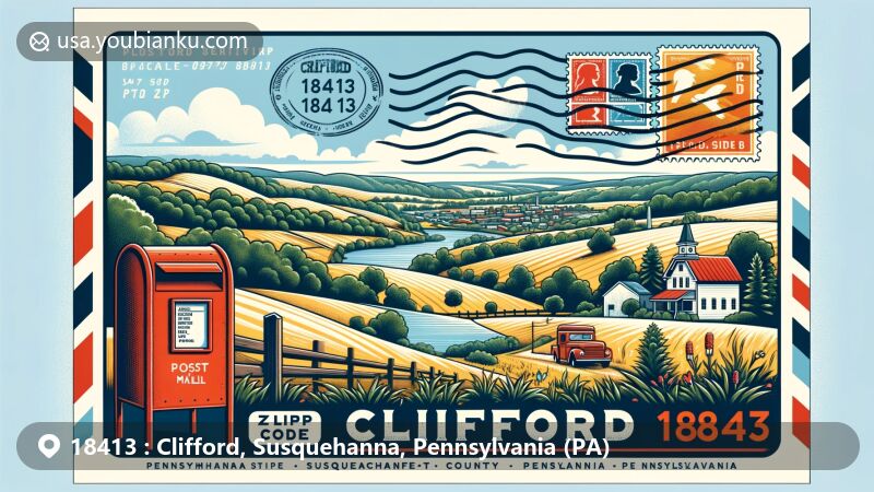 Modern illustration of Clifford, Susquehanna County, Pennsylvania, featuring ZIP code 18413, showcasing rural and natural beauty with rolling hills, forests, and a clear sky. The artwork creatively blends postal elements like stamps, postmark, and a red mailbox within a postcard concept, integrating the Pennsylvania state flag and Susquehanna County outline.