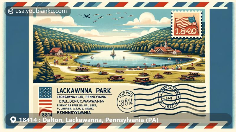 Modern illustration of Dalton, Lackawanna, Pennsylvania, showcasing postal theme with ZIP code 18414, featuring Lackawanna State Park, central Lackawanna Lake, picnic areas, and trails.