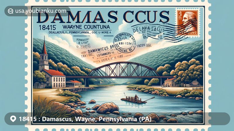 Modern illustration of Damascus, Wayne County, Pennsylvania, featuring the Delaware River, Damascus-Cochecton Bridge, post office history, early industrial activities, and rural character, creatively framed within a postcard design with postal elements.
