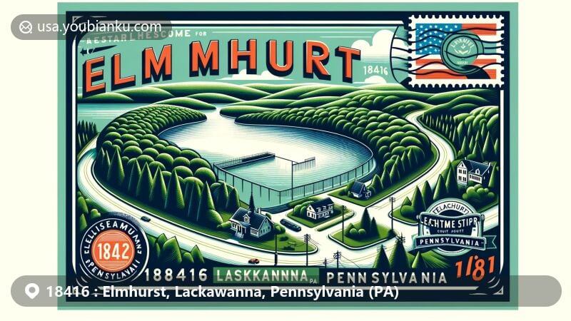 Modern illustration of Elmhurst, Lackawanna County, Pennsylvania, highlighting Elmhurst Reservoir's natural beauty and water resources, with vintage postcard elements and postal theme.