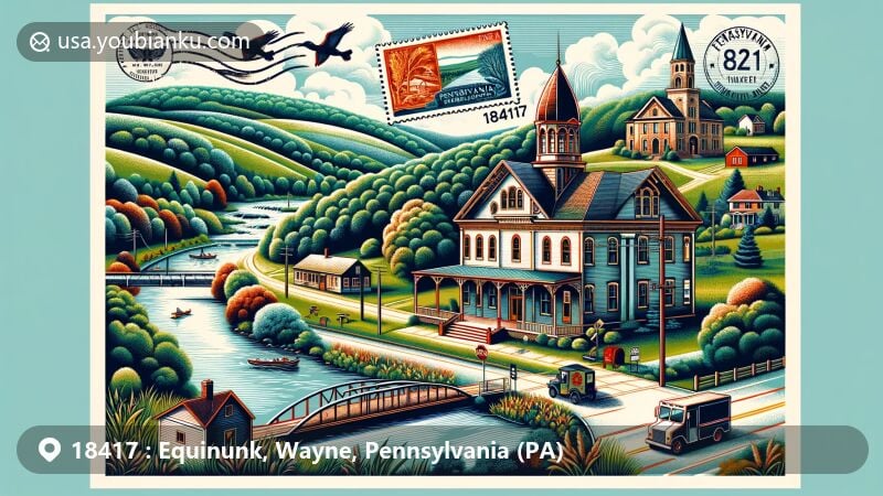 Modern illustration of Equinunk, Pennsylvania, featuring Nelson Store and Lafayette Lord House in Equinunk Historic District, surrounded by lush forests and rolling hills, reflecting outdoor recreational activities. Includes Delaware River and vintage postal theme with airmail envelope, stamps, postmark 'Equinunk, PA 18417,' postal truck, and Pennsylvania state flag.