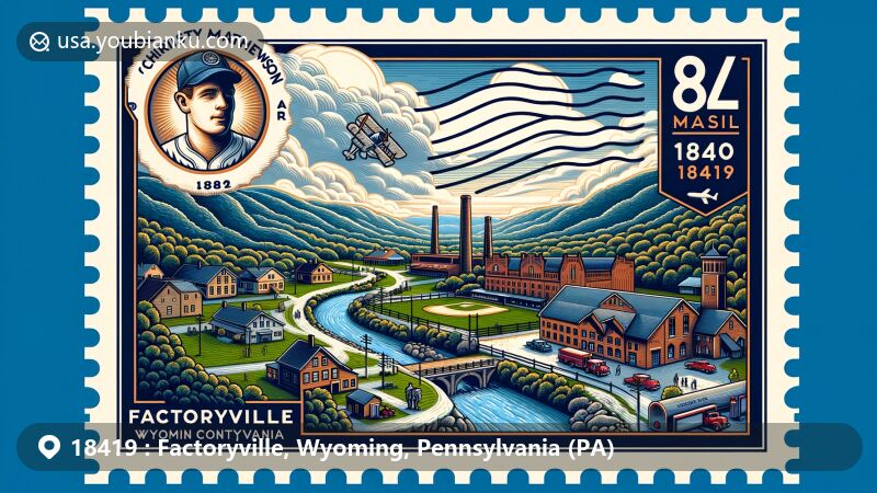 Modern illustration of Factoryville, Wyoming County, Pennsylvania, highlighting ZIP code 18419 and Christy Mathewson Park against the backdrop of Endless Mountain Region.