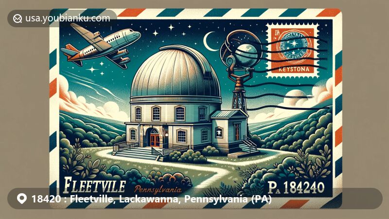 Modern illustration of Fleetville, Pennsylvania, highlighting Cupillari Observatory at Keystone College, with postal theme featuring retro air mail elements and Pennsylvania state flag stamp against a natural backdrop, incorporating local details for a sense of place.