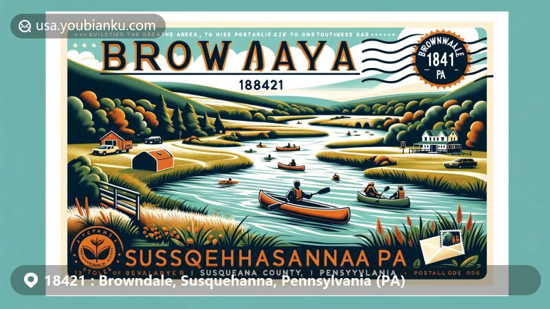 Modern illustration of Browndale, Susquehanna County, Pennsylvania, highlighting ZIP code 18421, featuring the picturesque Susquehanna River, natural beauty, and popular recreational activities like kayaking and canoeing.