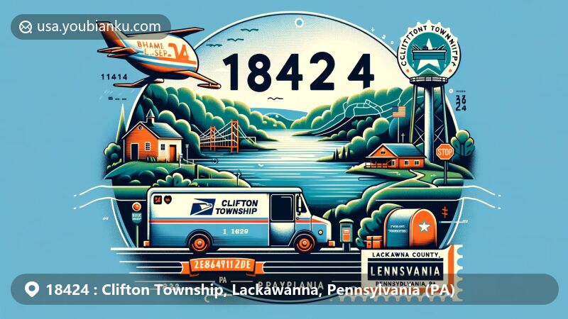 Modern illustration of Clifton Township, Lackawanna County, Pennsylvania, showcasing postal theme with ZIP code 18424, featuring Big Bass Lake and local postal elements.