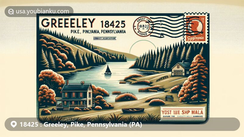 Modern illustration of Greeley, Pike County, Pennsylvania, depicting rural landscape with outdoor activities like hiking and fishing, featuring local culture through symbols like Sylvania Association, Lake Greeley, and postal elements for ZIP code 18425.