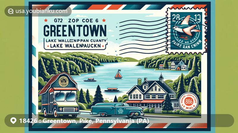 Modern illustration of Greentown, Pike County, Pennsylvania, featuring ZIP code 18426, showcasing Lake Wallenpaupack and the Promised Land Inn. The artwork combines natural elements like a lake and forests with postal symbols, creating a themed postcard design.