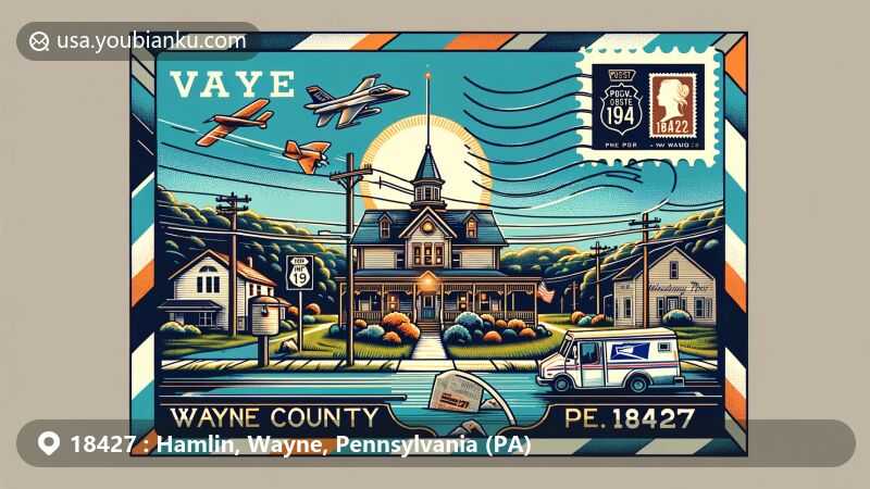 Modern illustration of Hamlin, Wayne County, Pennsylvania, showcasing postal theme with ZIP code 18427, featuring local landmarks and postal elements.