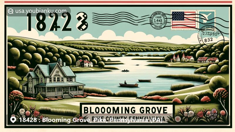Modern illustration of Blooming Grove Township, Pike County, Pennsylvania, highlighting the township's natural beauty and historical landmarks like the Lord House, incorporating postal theme with vintage postcard design and ZIP code 18428, featuring Pennsylvania state flag elements.