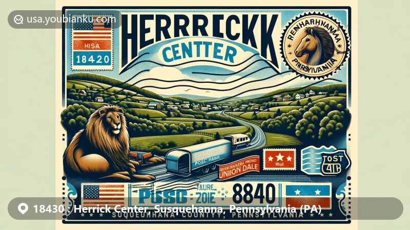 Modern illustration of Herrick Center, Susquehanna County, Pennsylvania, highlighting ZIP code 18430 and scenic beauty of northeastern Pennsylvania near Union Dale.
