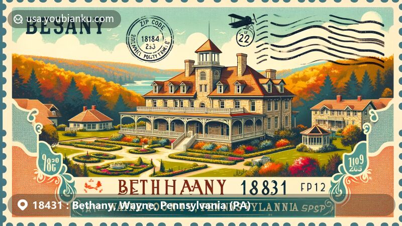 Modern illustration of Bethany, Wayne County, Pennsylvania, highlighting ZIP code 18431, featuring The Mansion at Noble Lane and the Pocono Mountains' vibrant autumn colors.