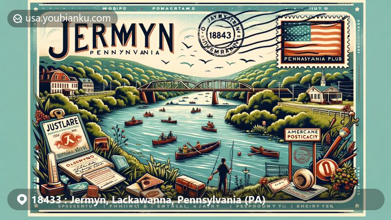 Modern illustration of Jermyn, Lackawanna, Pennsylvania, featuring the scenic Lackawanna River and outdoor activities like fishing and hiking, with a vintage postcard design showcasing the ZIP code 18433 and American postal theme.