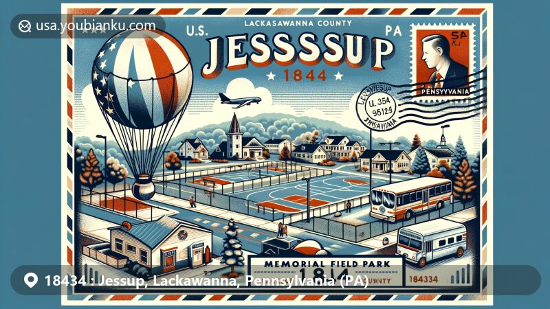 Modern illustration of Jessup, Lackawanna County, Pennsylvania, depicting local landmarks like Jessup Memorial Field Park, a community hub with playground and sports courts, along with postal elements such as vintage postcard design with airmail border, Pennsylvania flag stamp, and Jessup, PA 18434 postmark.