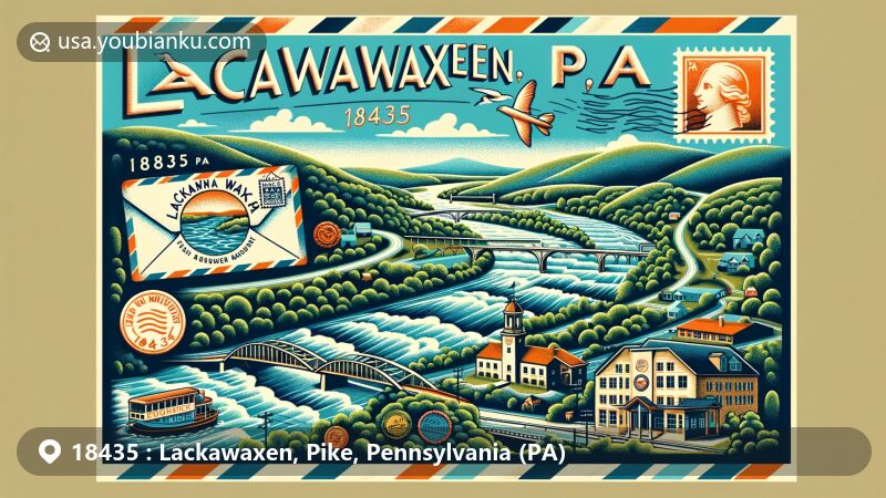 Modern illustration of Lackawaxen, PA area with ZIP code 18435, featuring confluence of Delaware and Lackawaxen Rivers, Zane Grey Museum, and scenic river surrounded by Pocono Mountains, with elements of postal communication.