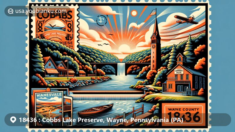 Modern illustration of Cobbs Lake Preserve in Wayne County, Pennsylvania, capturing the essence of ZIP code 18436 with Lacawac Sanctuary, Honesdale Residential Historic District, and Milanville-Skinners Falls Bridge.