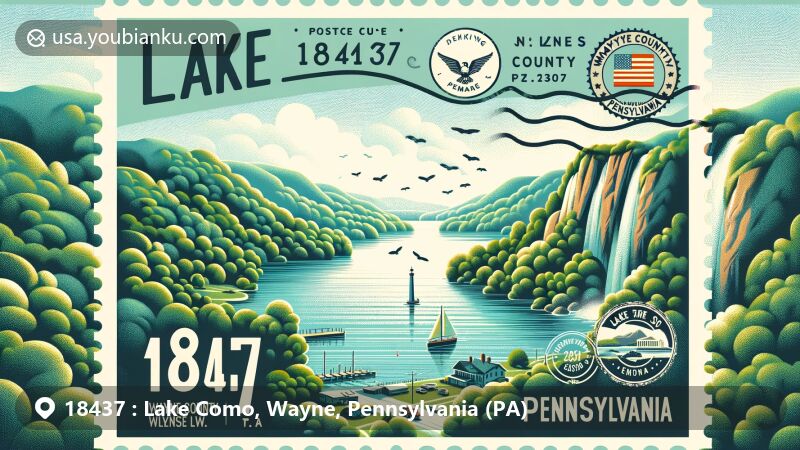 Modern illustration of Lake Como, Wayne County, Pennsylvania, inspired by ZIP code 18437, featuring picturesque lake scene with elements of Wayne County and Pennsylvania, vintage postcard format, ZIP Code '18437,' and symbolic landmarks.