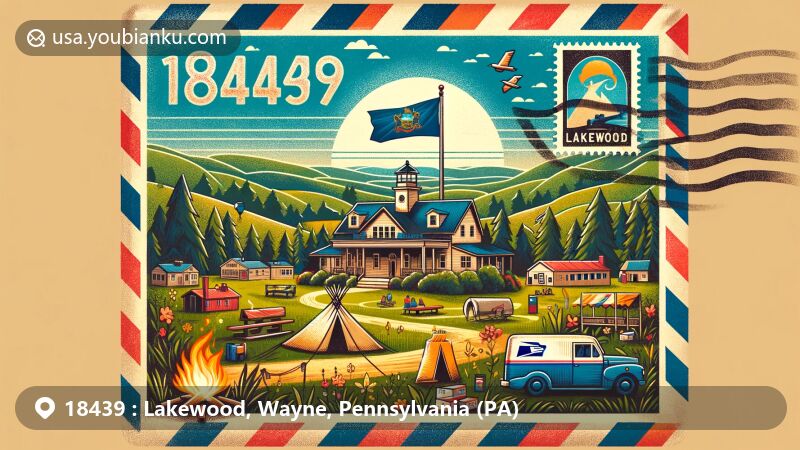 Vintage illustration of Lakewood, Wayne County, Pennsylvania, featuring airmail envelope background, state flag, rural charm, and summer camp icons, with postal motifs like '18439' ZIP code and local landmarks.