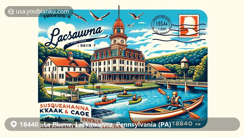 Modern illustration of La Plume, Pennsylvania, showing ZIP code 18440, featuring Lackawanna Dairy, Susquehanna Kayak & Canoe Rentals, Lackawanna State Park, and Keystone College, blended with postal themes.
