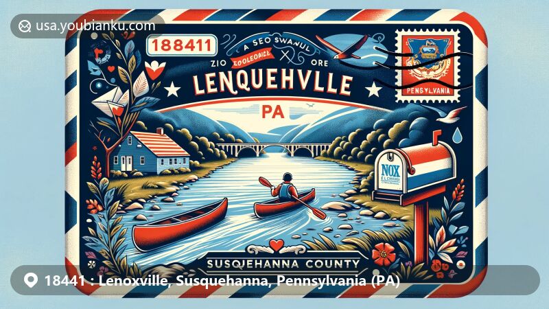 Modern illustration of Lenoxville, Susquehanna County, Pennsylvania, highlighting ZIP code 18441 with Susquehanna River and state symbols, emphasizing outdoor activities like paddling routes.