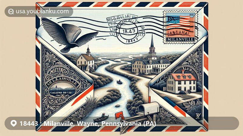 Modern illustration of Milanville, Pennsylvania, showcasing scenic postal theme with Delaware River, Calkins Creek, Milanville Historic District, Land House, and American postal scene.