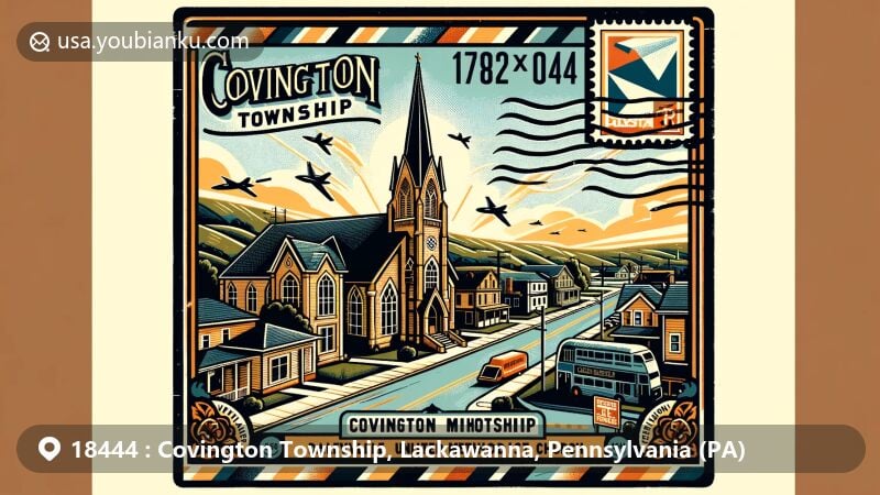 Modern illustration of Covington Township, Lackawanna County, Pennsylvania, featuring Daleville United Methodist Church and postal theme with ZIP code 18444, enclosed in vintage airmail envelope frame.