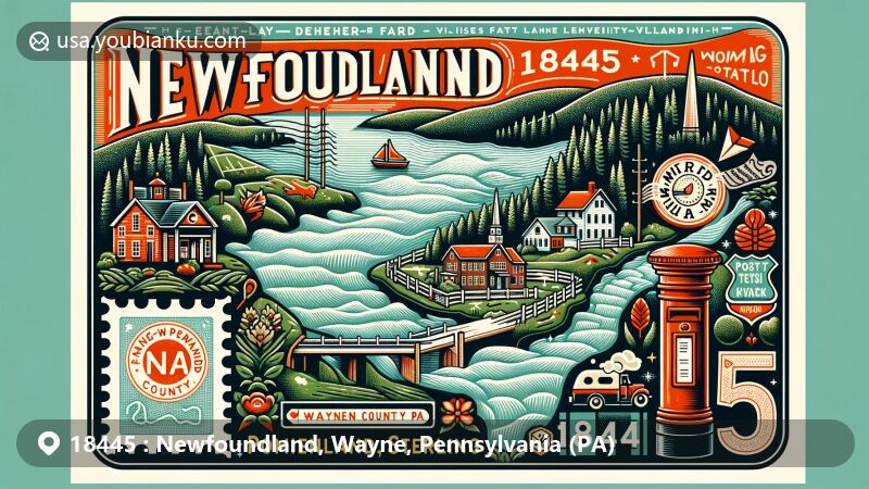 Modern illustration of Newfoundland, Wayne County, Pennsylvania, featuring ZIP code 18445 with iconic landmarks like Greene-Dreher-Sterling Fair and Promised Land State Park, highlighting the village and natural beauty of the area.