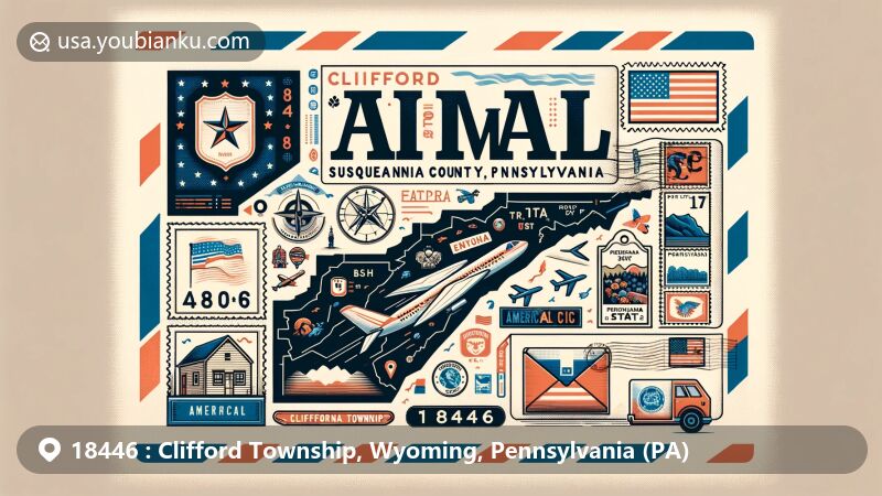 Modern illustration of Clifford Township, Susquehanna County, Pennsylvania, featuring airmail envelope with map outline, local symbols, U.S. and Pennsylvania flag elements, stamps, postmark, and ZIP Code 18446.