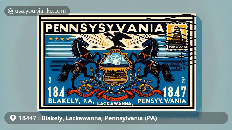Creative modern postcard design for Blakely, Lackawanna, Pennsylvania, ZIP code 18447, showcasing Pennsylvania state flag with state coat of arms and symbols, including vintage postage stamp and postmark.