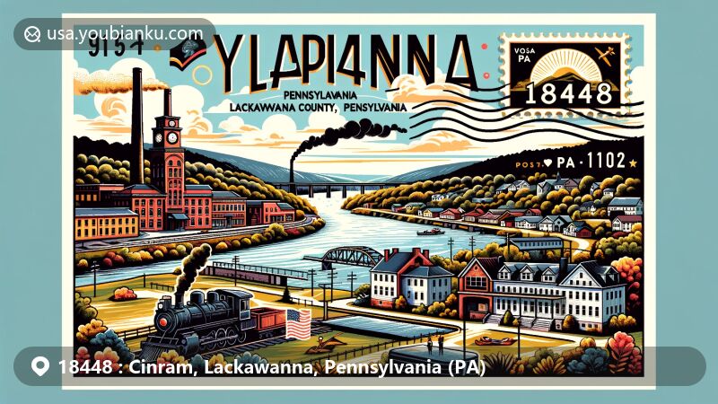 Modern illustration of Olyphant, Lackawanna County, Pennsylvania, highlighting ZIP code 18448, showcasing the scenic Lackawanna River, coal mining landmarks, Pennsylvania state flag, and symbols of the county, with postcard stamps and postmark featuring '18448' and 'Olyphant, PA'.
