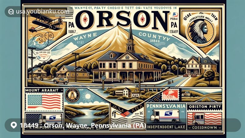 Modern illustration of Orson area in Wayne County, Pennsylvania, featuring Mount Ararat, Independent Lake, Orson Pond, and Sugarloaf Mountain, along with Pennsylvania state symbols and vintage postal elements.