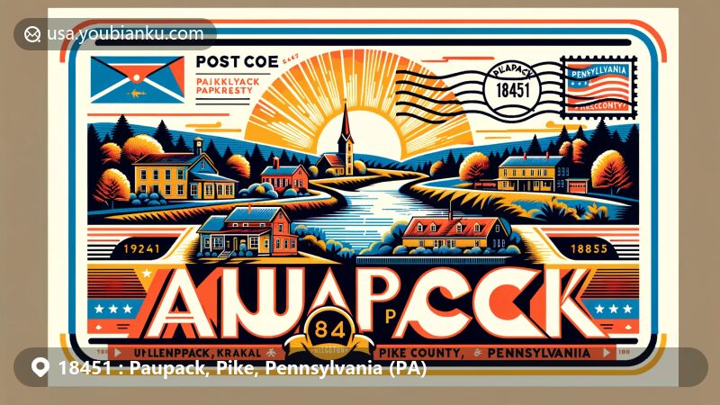 Modern illustration of Paupack, Pike County, Pennsylvania, capturing the beauty and history of Wallenpaupack Creek in vintage postcard style with ZIP code 18451 and iconic local landmarks like the Paupack School.